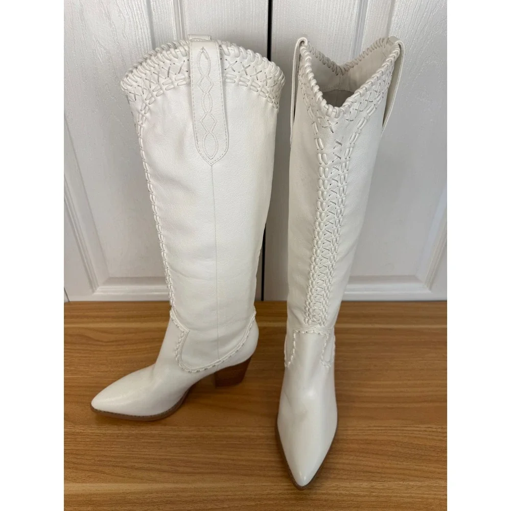 Show Me Your Mumu x Bilini Finley White Whipstitch Western Cowboy Boots Size 6